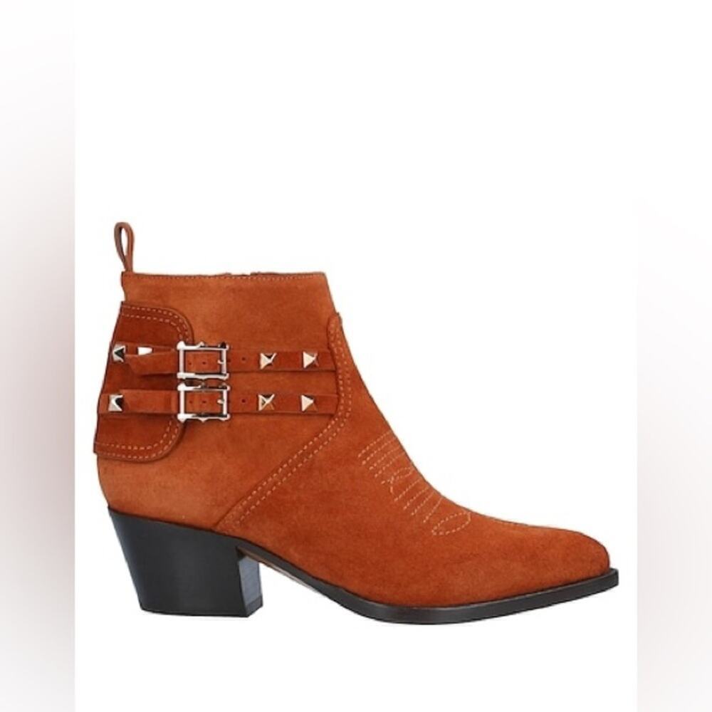 Valentino Garavani Tan Suede Rockstud Double Buckle 50mm Cowboy Ankle Boots EU38